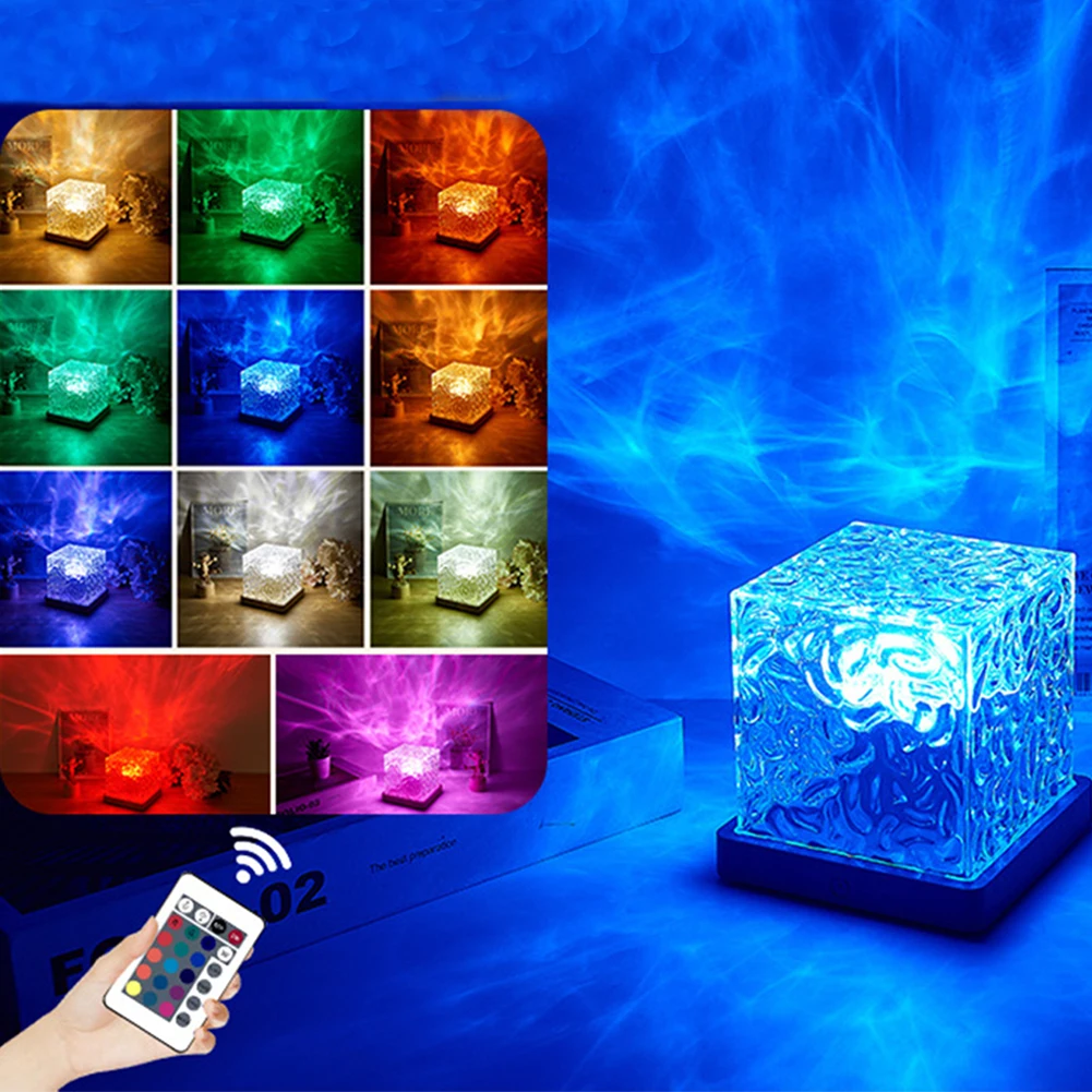 

Square Dynamic Water Ripple Projector Light With Remote Control Flame Effect 16 Colors Rotating Crystal Light For Living Room