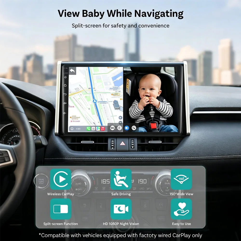 Telecamera per Auto Cabin Care Baby con Adattatore Wireless Carplay 1080P 150 ° Monitor per sedile posteriore con visione notturna ad angolo ampio, facile da installare - immagine 4