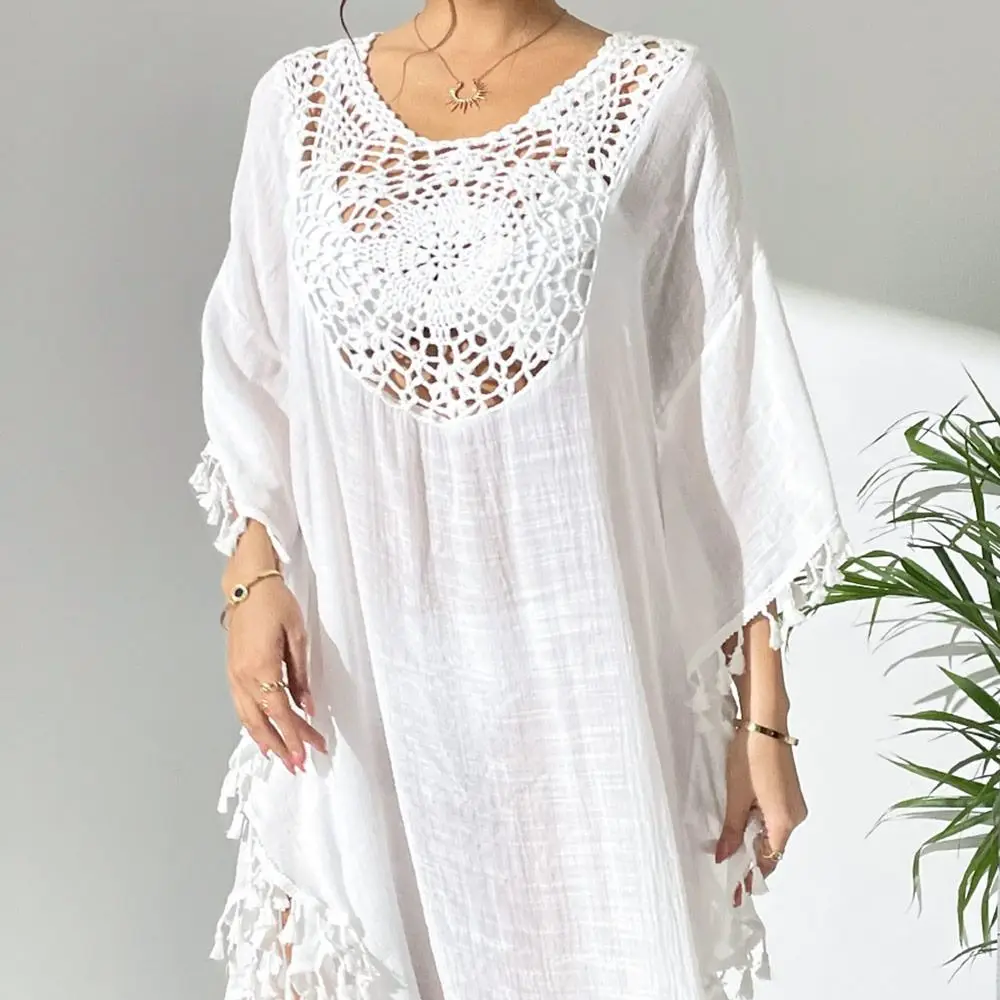 Square Neck Summer Sunscreen Smock Loose Casual Swimsuit Cover Up Dress Bathing Suit Hollow Out Bikini Cover-Ups for Women 3