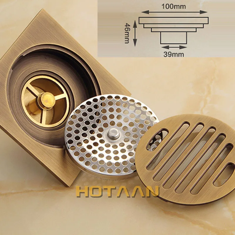 Antique Brass Carved Flower Art Bathroom Accessory Floor Drain Waste Grate 100mm*100mm floor drain