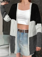 Autumn Sweaters Women 2024 VONDA Irregular Color Matching Cardigan Casual Lacing Loose Oversize Street Fashion Jumpers Tops 2