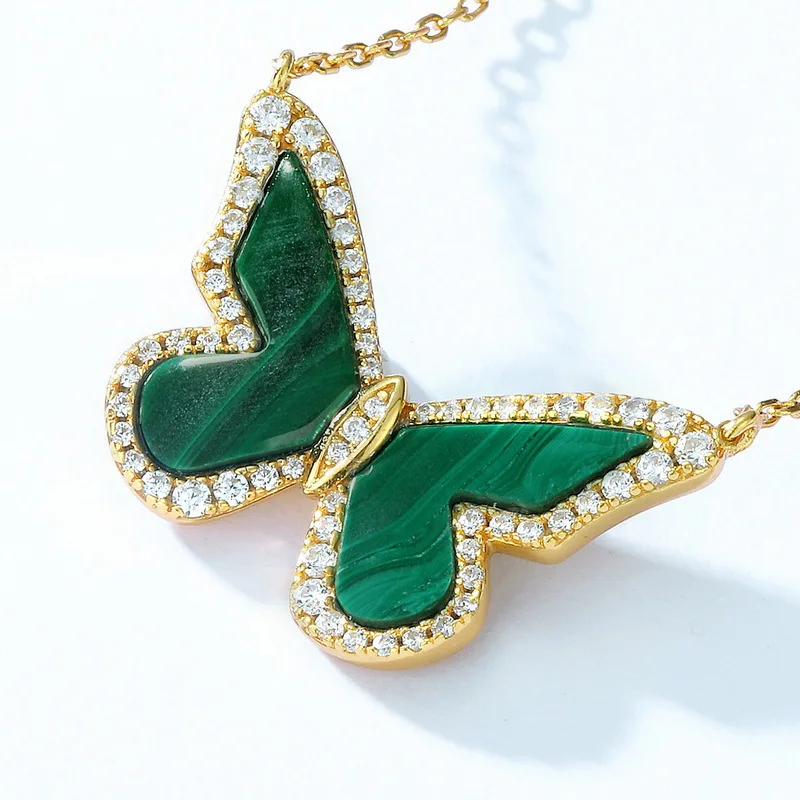 

Natural Malachite Necklace S925 Sterling Silver 10k Gold Plated Malachite Stone Crystal Butterfly Pendant Necklaces Women Gifts