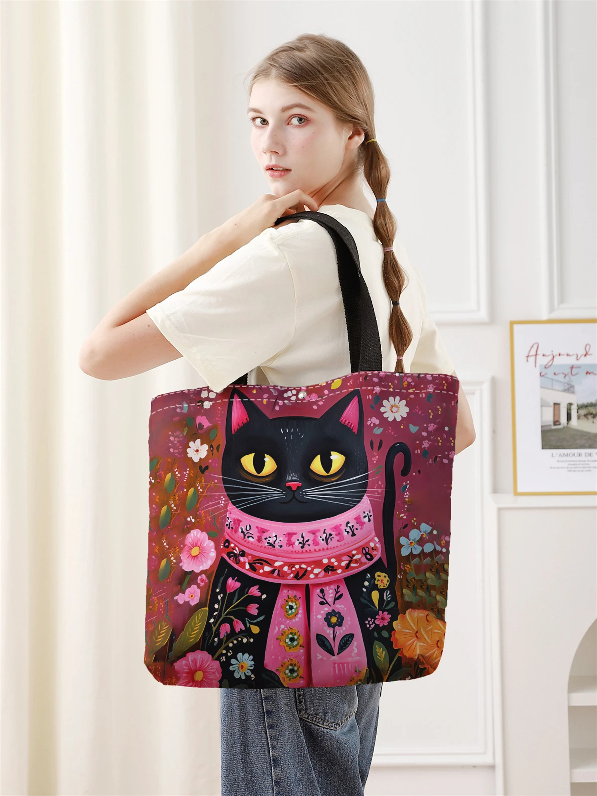 1pc，Flower patterned handbag, reusable fashionable handbag, multifunctional handbag, printed canvas shopping bag