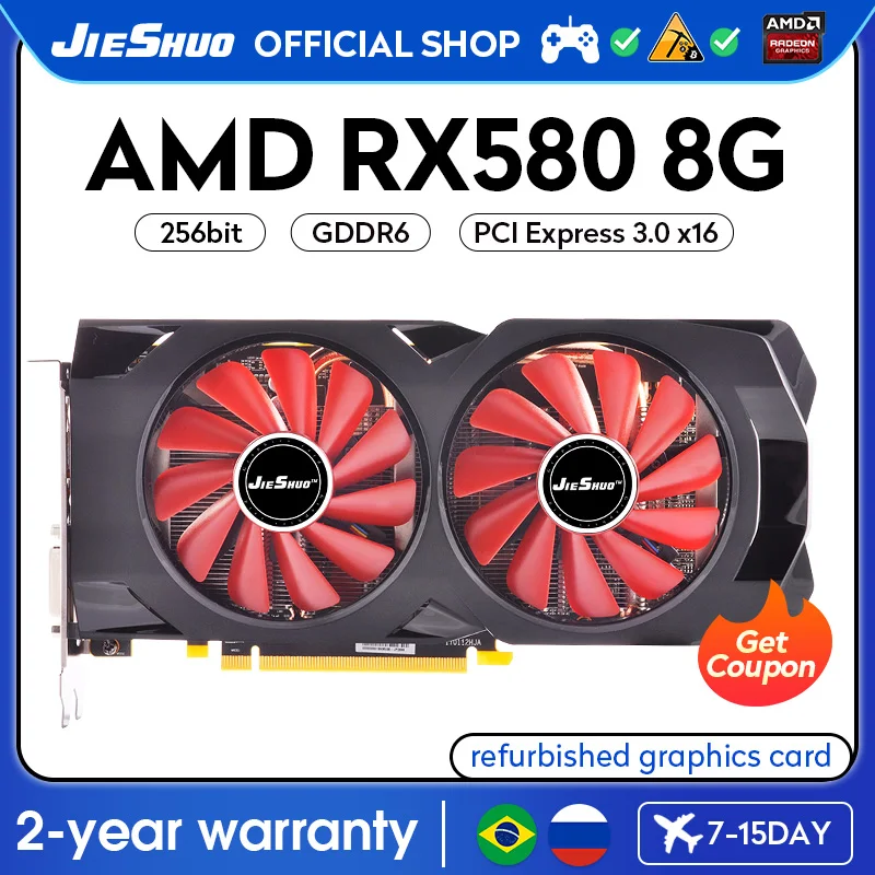 

JIESHUO AMD RX 580 8GB 2048SP Video graphics card GDDR5 GPU 256-bit PCI-E 3.0 rx580 8g Computer Desktop Computer Games Office