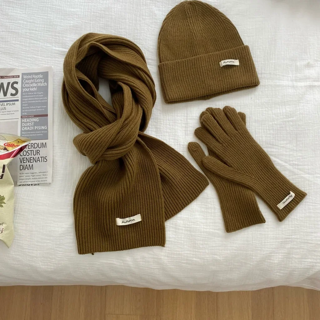 Women's Knitted Hat Scarf Glove Set Solid Warm Autumn Winter 2026 Fashion Green Blue Red Lovely 3 Pcs Hat & Glove Sets Women