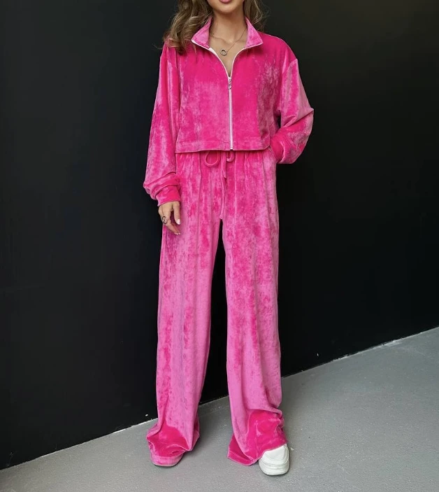 Two Piece Set Women Outfit Autumn Fashion Velvet Casual Long Sleeve Lapel Crop Zipper Jacket & Elastic Waist Wide Leg Pants Set