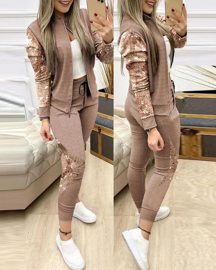 

Contrast Sequins Zipper Design Jacket & Drawstring Pants Set Sports 2022 Autumn Europe and America Fashion Women's Clothing