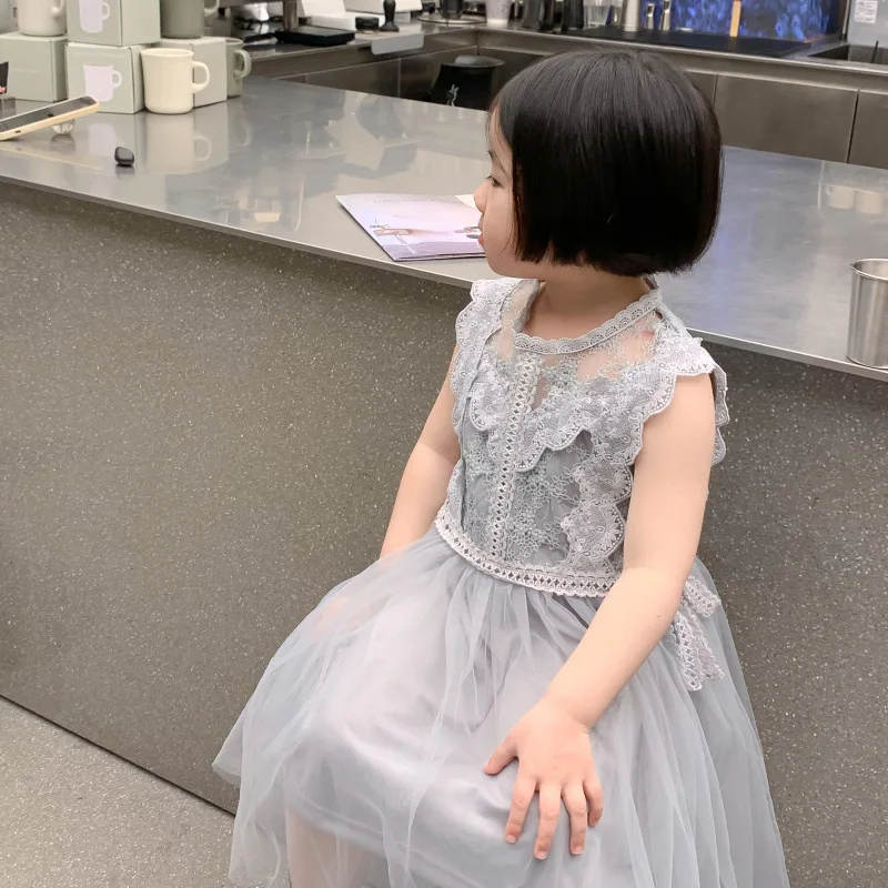 

Children Clothing Korean Style Dress Girls Princess Summer Fashion Lace Mesh Hollow Out Patchwork Sleeveless Casual Dress
