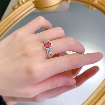 6x8MM Ruby Full Diamond Ring S925 Pure Silver Jewelry Wedding Engagement Party Anniversary Birthday Gift 6
