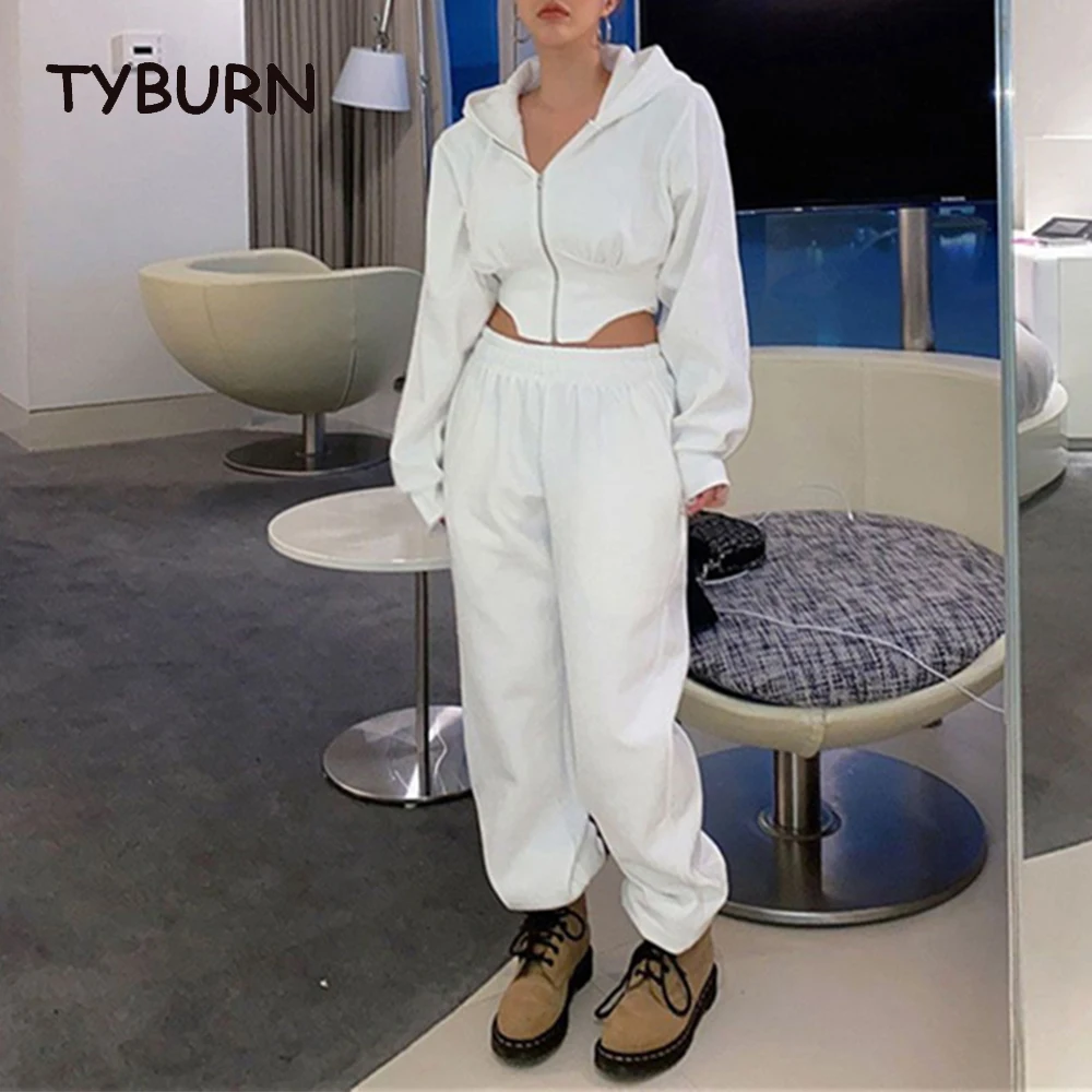 

TYBURN Casual Cotton Zipper Hoodie Two Piece Set Autumn Black Plush Thickened Short Top Fashion 2 Piece Sets Womens Outfits