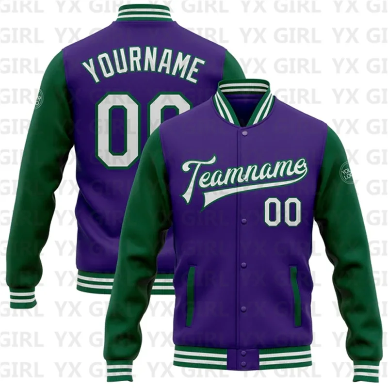 

Custom Purple White-Kelly Green Bomber Full-Snap Varsity Letterman Two Tone Jacket 3D Baseball Button Jacket