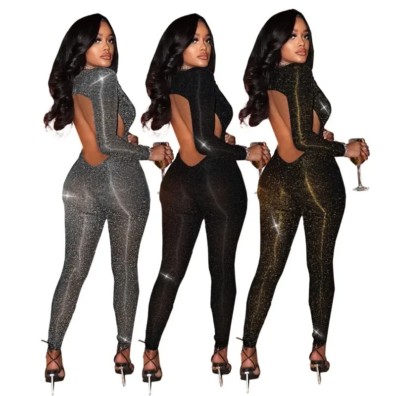 Solid Bright Silk Skinny Jumpsuit Women Autumn Sexy Deep V Long Sleeve High Waist Backless Bodycon Rompers Trends Club Partywear