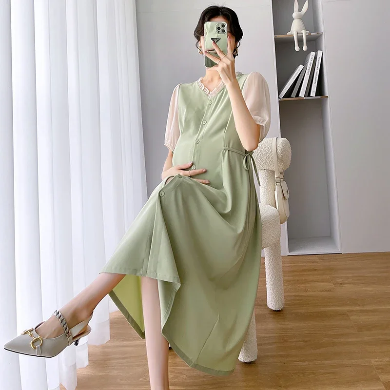 

Maternity Summer Lactation Dress Loose Puff Sleeve Single-Breasted Postpartum Woman Nursing Dress Pregnancy Breastfeeding Dress