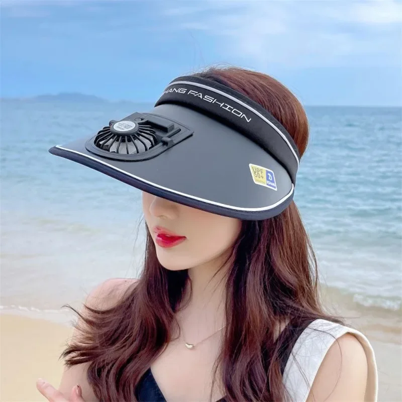 Summer UV Protection Visor Women Beach Hat 3-speed Regulation Electric Fan  Empty Top Hat Holiday Sunshade Bicycle Sun Hat