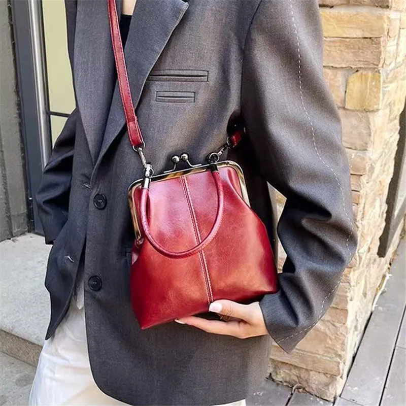 Three Vintage Kiss Lock Handbag Timeless Elegance in Black, Burgundy, Brown Versatile Styles Faux Leather Shoulder Crossbody Bag