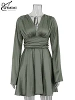 Oymimi Fashion Green Satin Women's Dress Elegant Deep V-Neck Long Sleeve Dresses Autumn High Waist Pleated Mini Dresses Female - Image 5