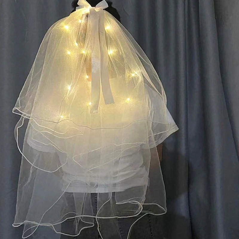 LED Light Bridal Wedding Veil with Pearls/Crowns Wedding Tiara Veil for Photoshop Props Party Headpieces Decor