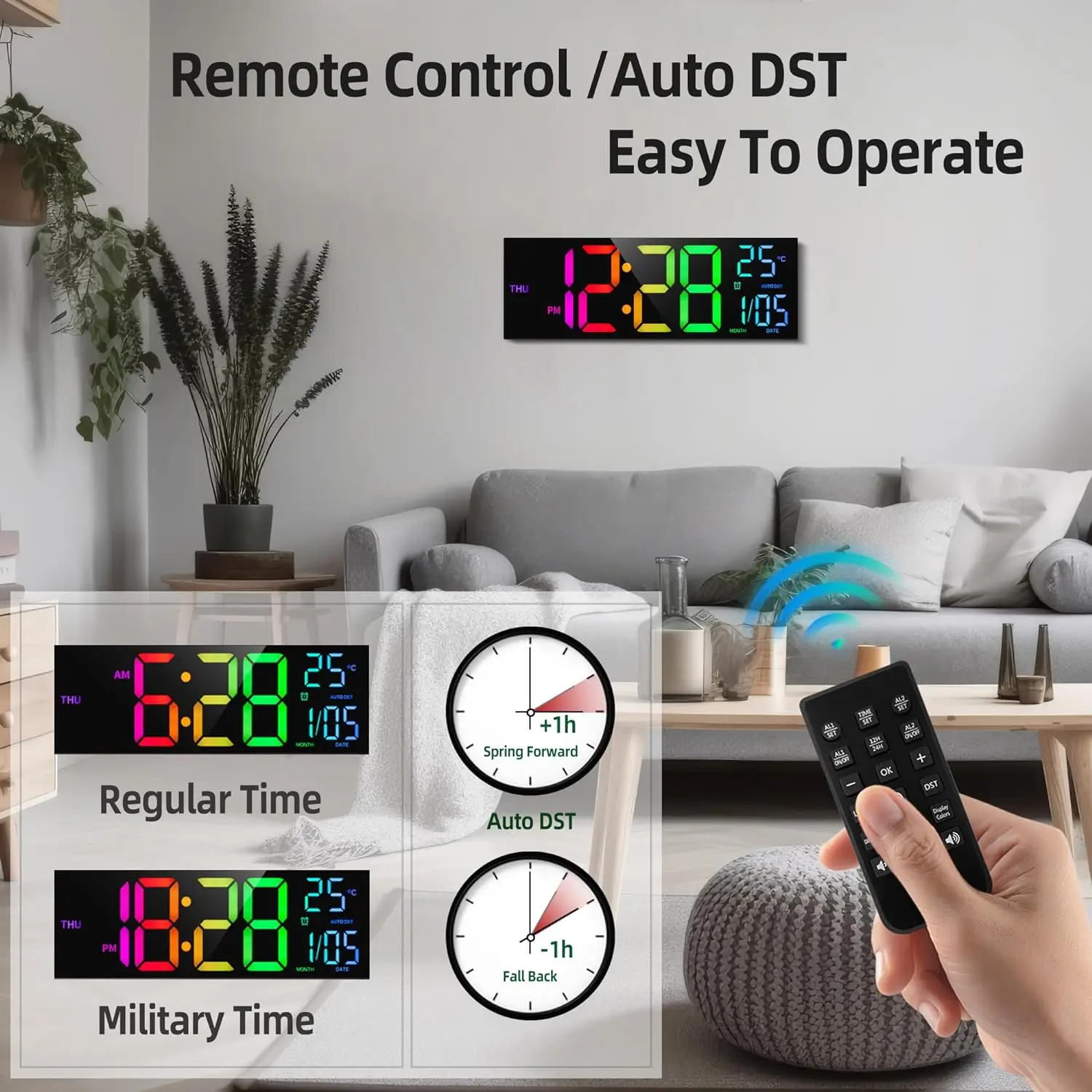 Orologio Digitale LED Da Tavolo Con Sveglia – Ampio Display Con Data, Temperatura E Dimmer (Rosso)