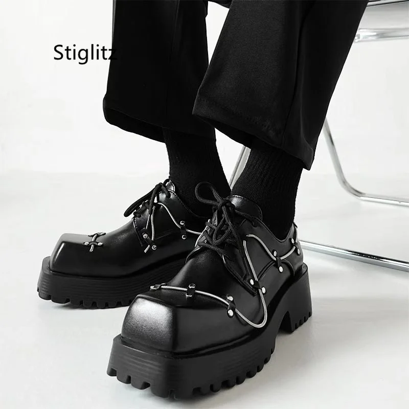 

British Style Casual Small Leather Shoes for Men Women Thick Sole Square Toe Derby Shoes Rivet Strap Lace -Up Black Couple Shoes