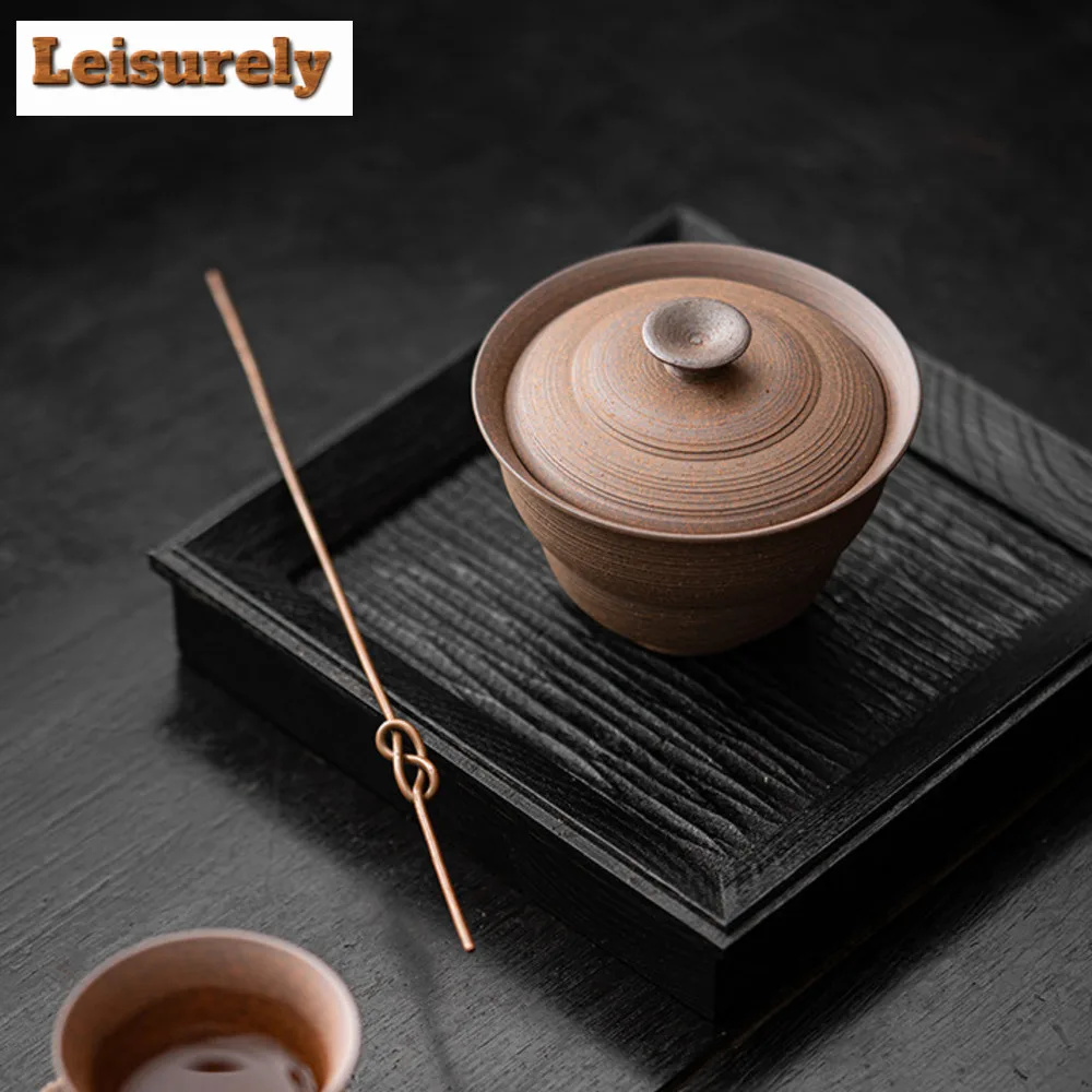 Hand Pinched Rock Mud Gaiwan Antique Rough Pottery High Foot Tea Tureen Japanese Tea Maker Cover Bowl Chinese Tea Set Ornaments