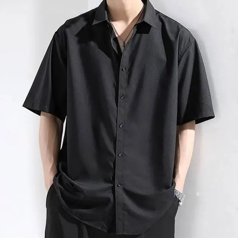 Summer Thin Black Ice Silk Short Sleeved Shirt Korean Version Fashionable Men's Travel Banquet Lapel Loose Single Breasted Shirt
