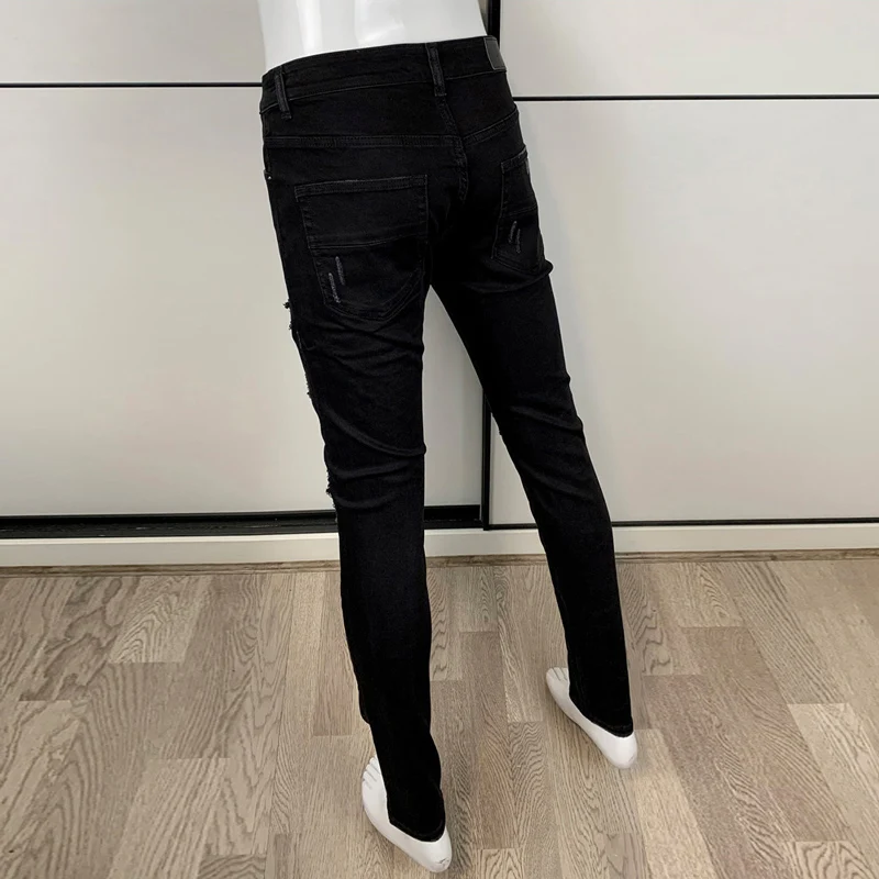 Street Fashion Men Jeans Black Stretch Skinny Fit Ripped Jeans Men Punk Trousers Leather Patched Designer Hip Hop Brand Pants