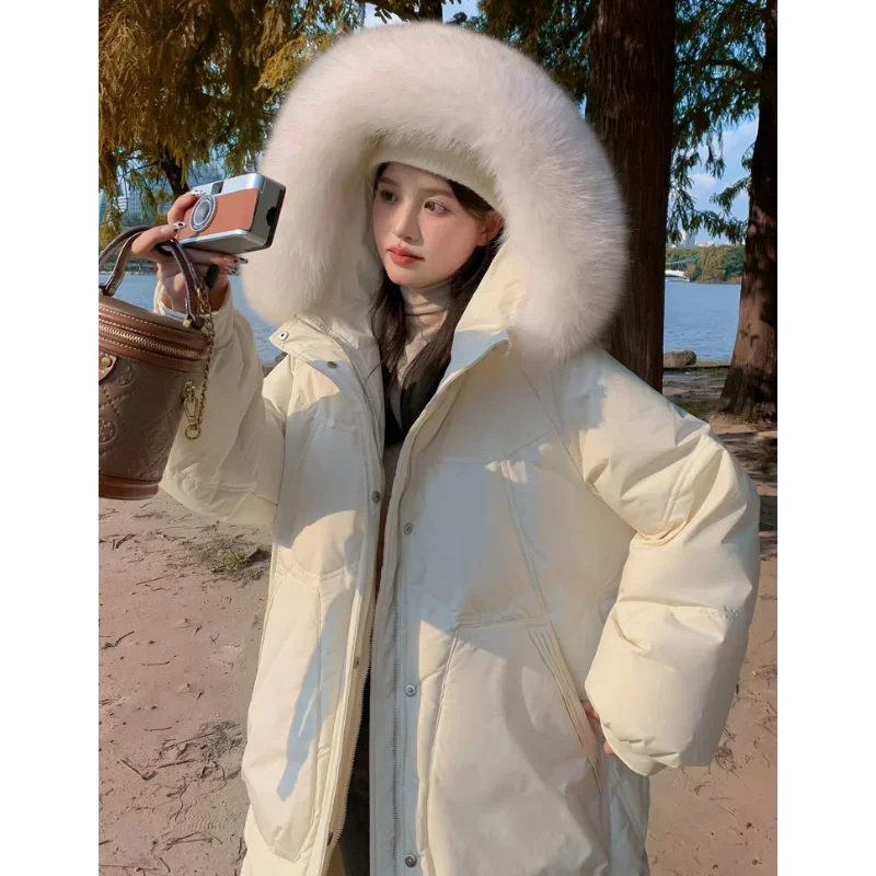 Bling Hooded Down Jackets Women Fox Fur Collar Warm Sweet Medium Long White Duck Coats Thickened Clothes Loose 6XL Long Sleeves