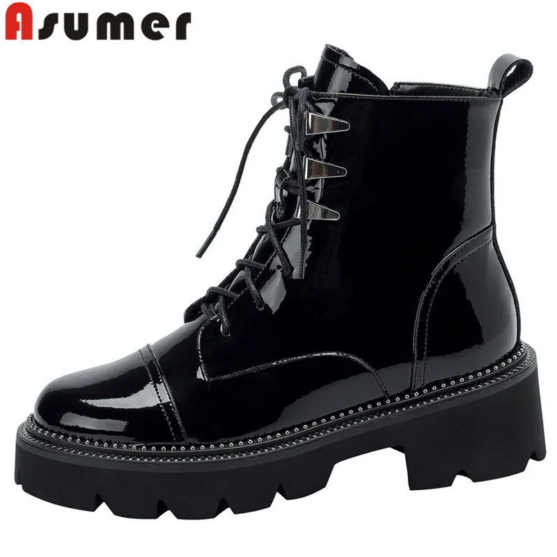 

Женские ботинки из лакированной кожи ASUMER, с узким ремешком, на молнии, на платформе, Зимние ботильоны на высоком квадратном каблуке, 2024