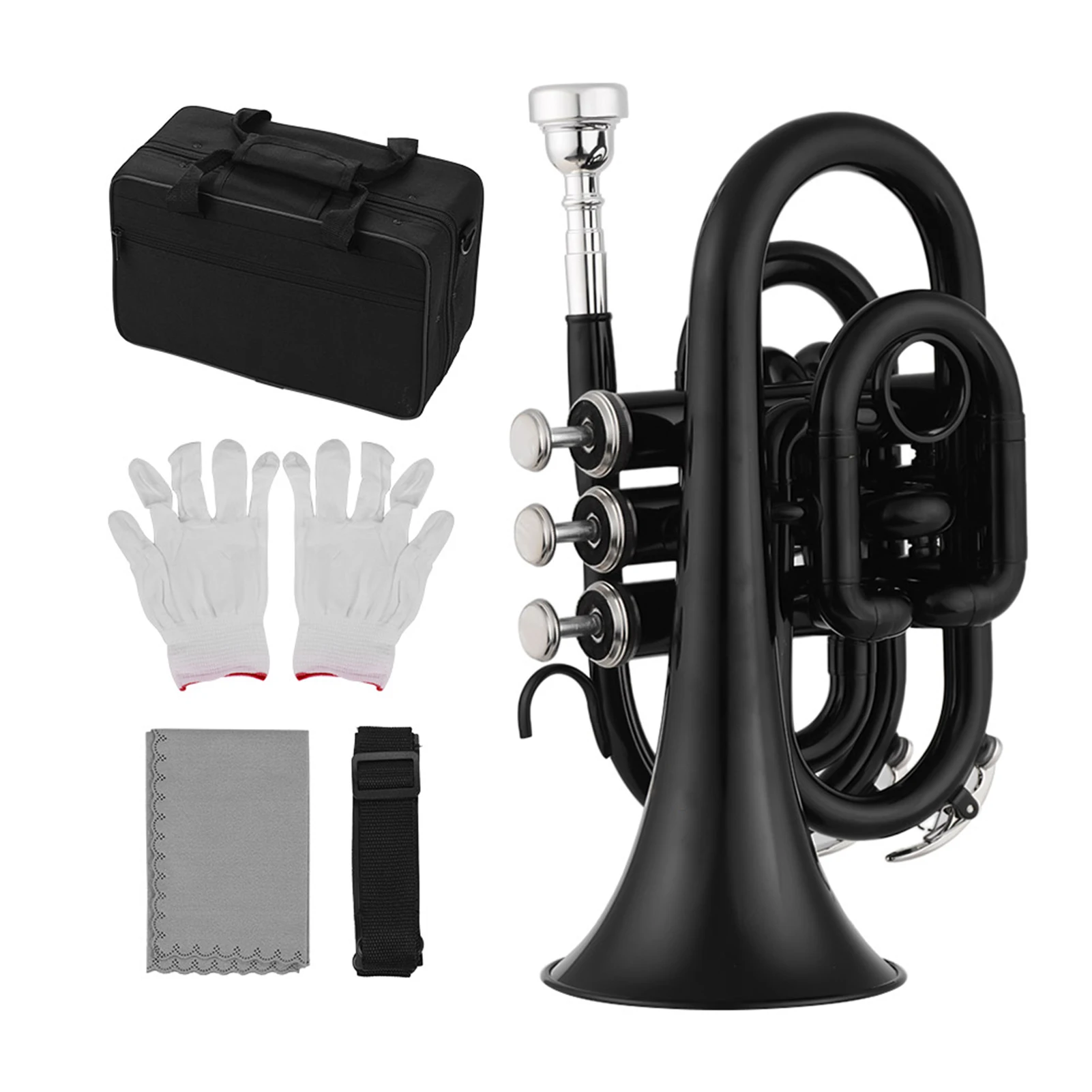Mini Pocket Trumpet Bb Flat Brass Material Wind Instrument with Mouthpiece Gloves Cleaning Cloth Carrying Case