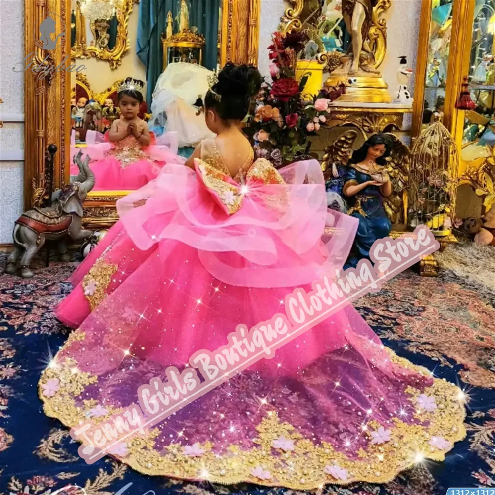 Rose Pink Girl Party Long Dresses Gold Appliqued Wedding 2025 Customized Birthday Pageant Feast Events Dress 2
