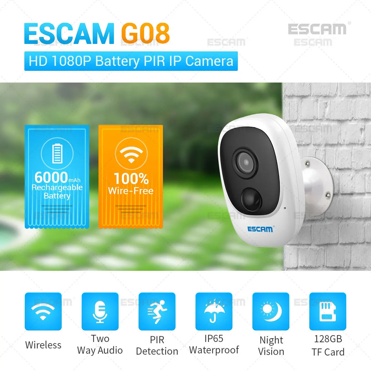 

ESCAM G08 1080P Full HD наружная комнатная перезаряжаемая батарея PIR сигнализация WiFi камера