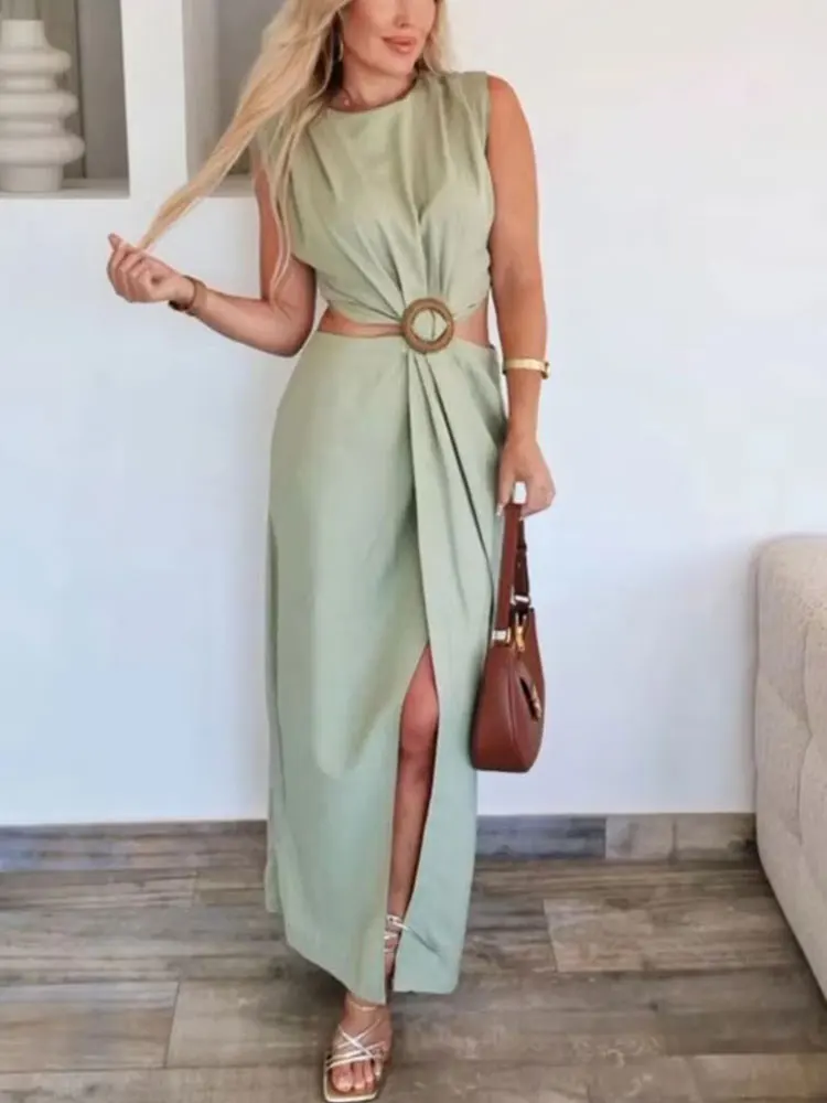 HH Women Waist Opening Design Dress Solid O Neck Sleeveless Split Dresses Slim Woman Elegant Evening Dress Vestidos Mujer