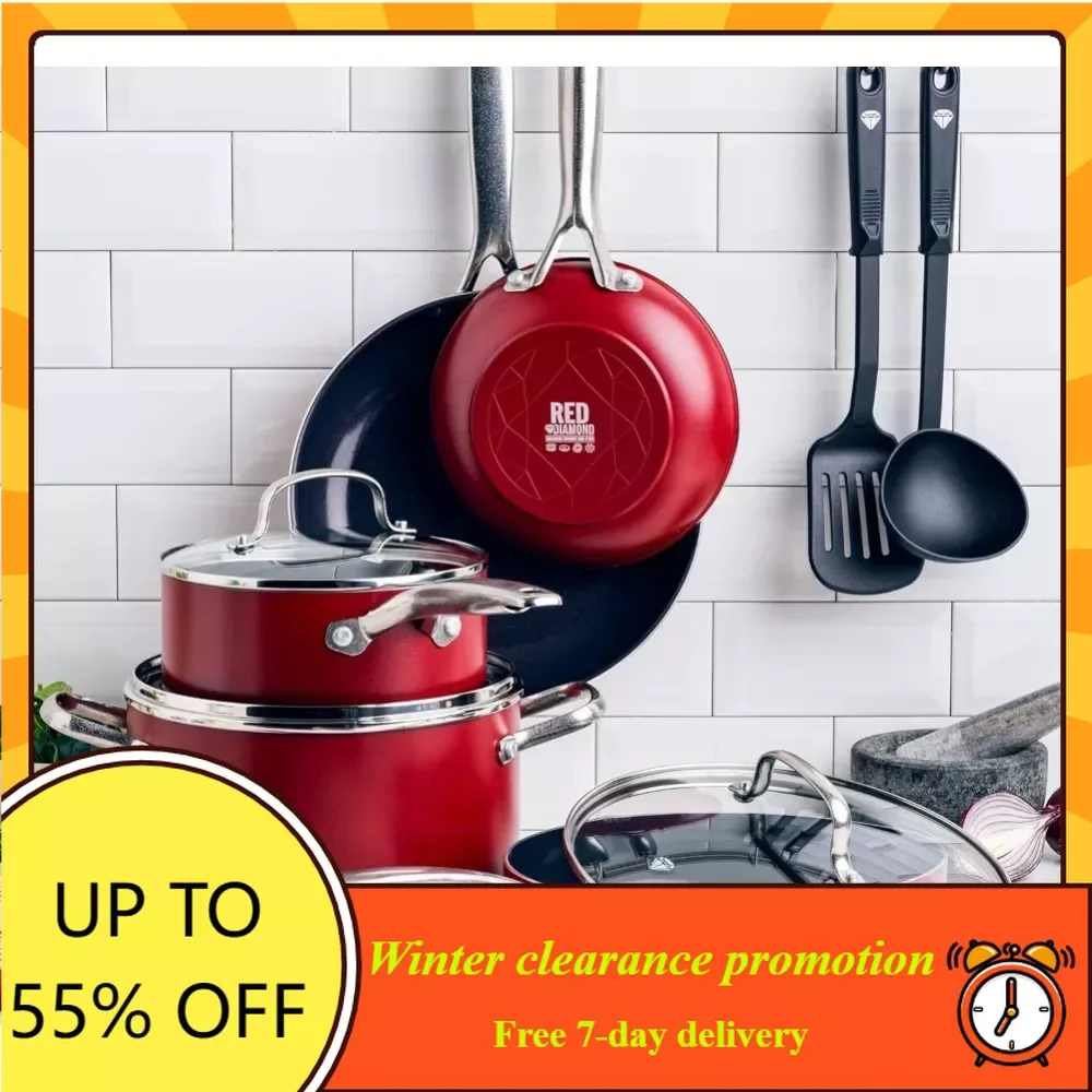 

Cookware Ceramic Nonstick Cookware Pots and Pans Set, 10 Piece, Red