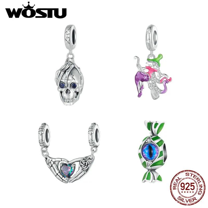 

WOSTU 925 Sterling Silver Halloween Skull Pendant Heart Glass Luminous Colored Witch Candy Charm Fit Original Bracelet Necklace