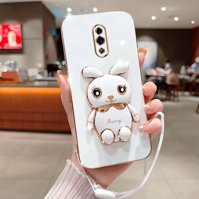 

Phone Case For Oppo Reno Luxury Plating Square Rabbit Holder With Landyard Case Cover