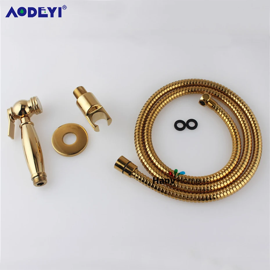 Gold Brass Bathroom Hand Held Bidet Sprayer Faucet Spray Gun & Holder Hose Conector &1.5m Shower Hose
