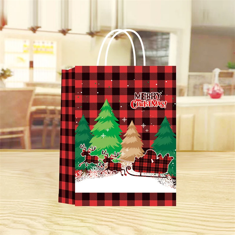 

12Pcs/set Christmas Gift Bag Large Capacity Kraft Paper Shopping Christmas Eve Candy Gift Paper Bag Cookie Xmas Packaging Bag