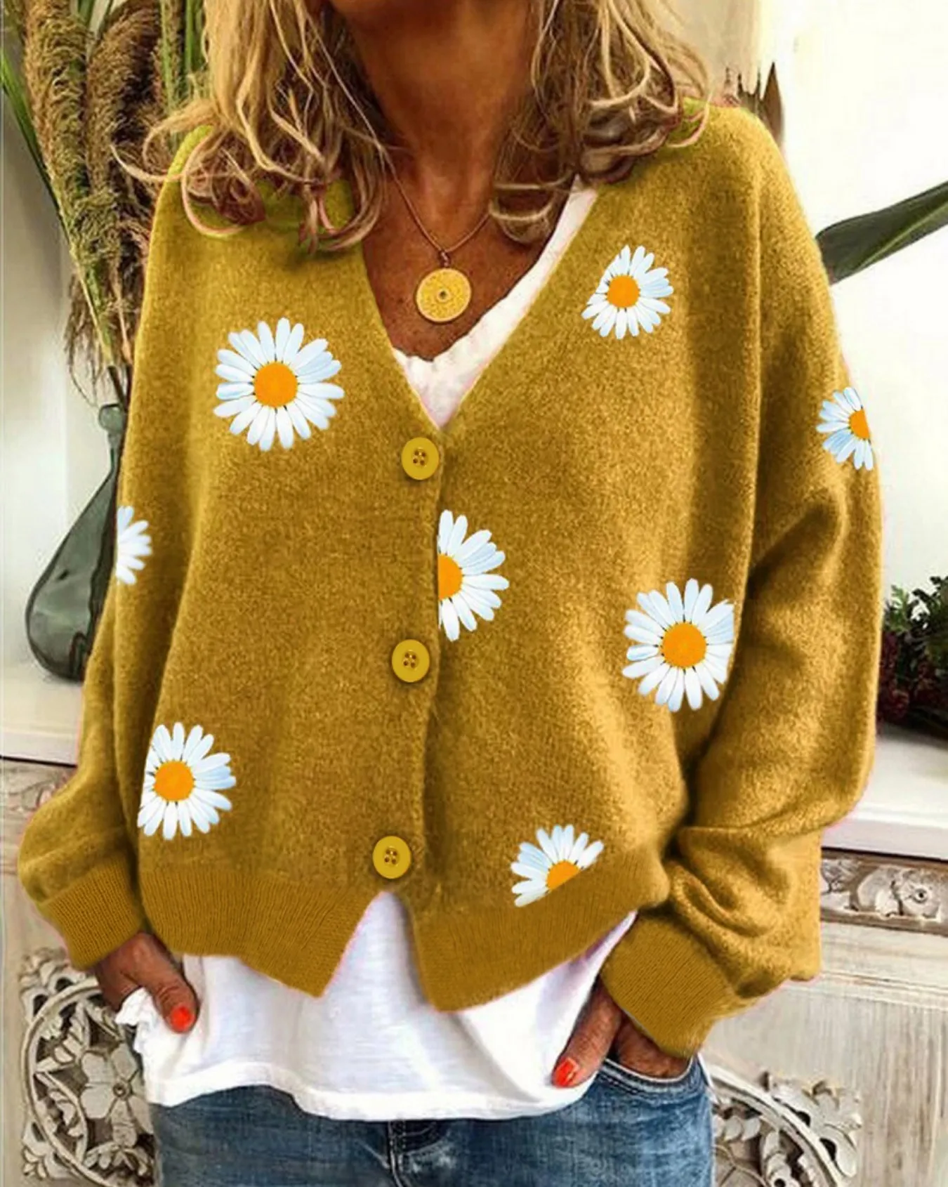 Women's Mustard Yellow Daisy Embroidered V-Neck Knit Cardigan Casual Oversized Long Sleeve Outerwear 1