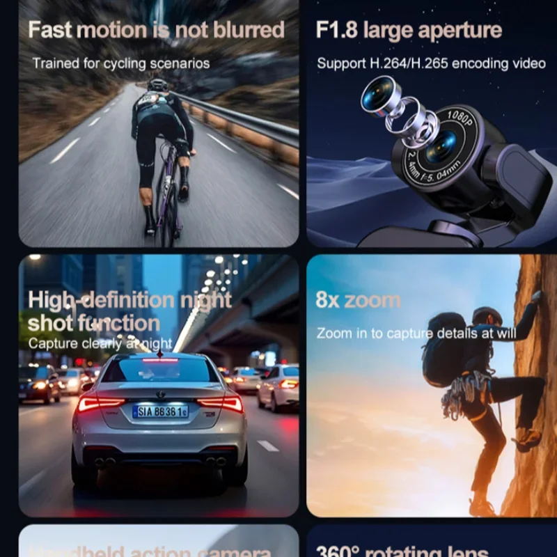 Enregistreur cyclisme portable à suspendre sur un sac à dos, filmant une descente en montagne avec stabilisation anti-vibration.