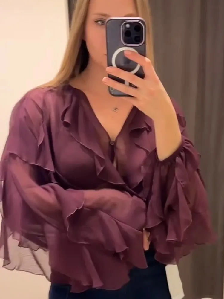 Spring Burgundy Layer Ruffles Shirts For Woman Casual V Neck Full Sleeve Loose Blouse New Female High Street Office Outfits 2025 - Image 2