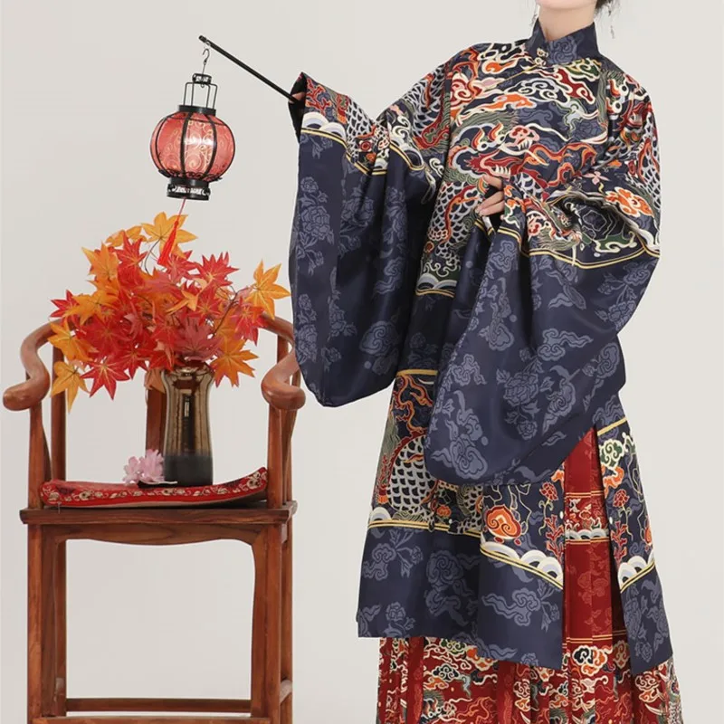 Ming-Made Stand Collar Long Jacket Men's and Women's Couple's round Neck Robe Woven Gold Dress Hanfu