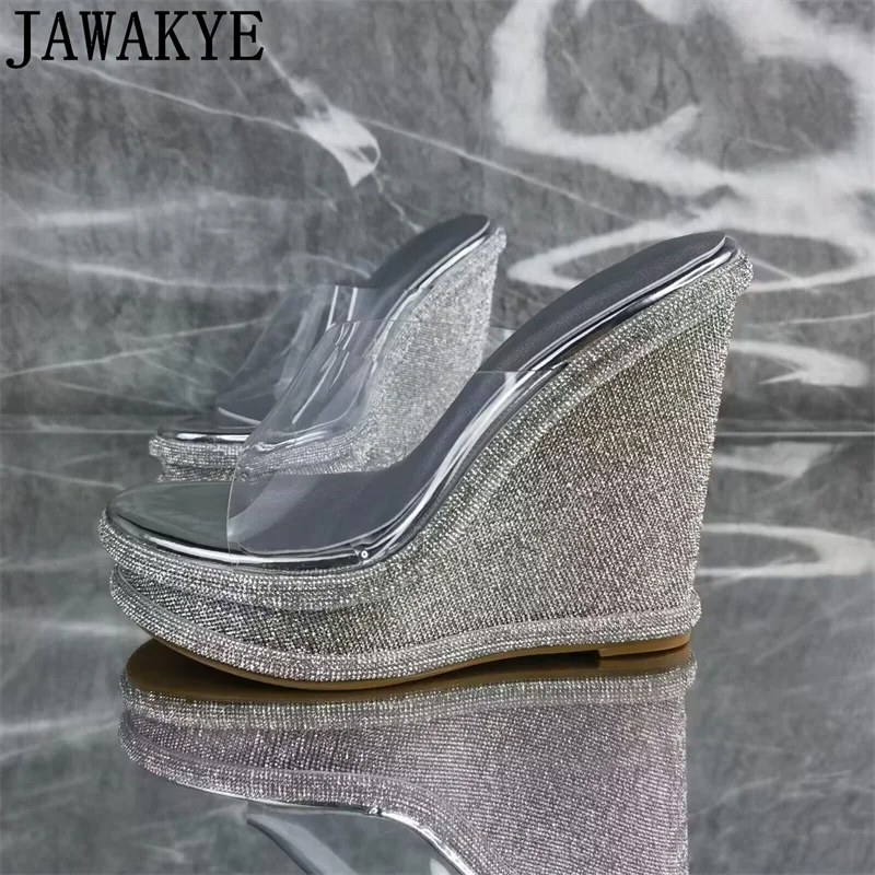 

Platform Crystal Wedge-soled Clear PVC Slippers Women Bling Rhinestone Mules Slippers Woman Summer Thick Sole Shiny Party Shoes