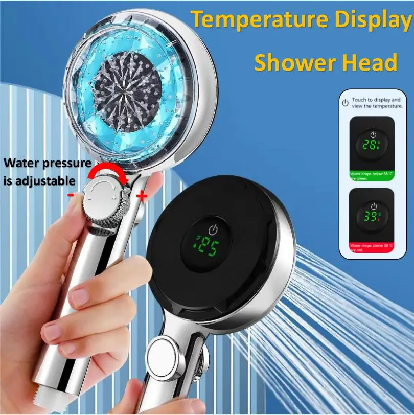 NewPressurizedShowerHeadDigitalTemperatureControlShowerSprayerWaterSavingHandheld