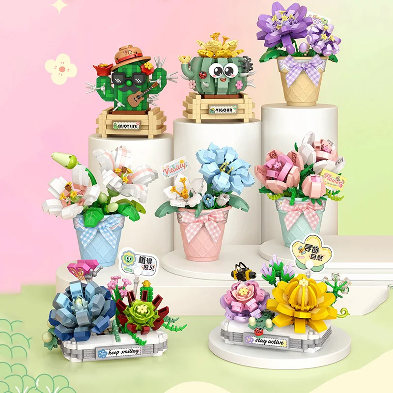 

Flower Bouquet Building Blocks DIY Flowers Block Toys Home Decor Cactus Ball Rose Bricks Gift For Girls Friends Adults Children