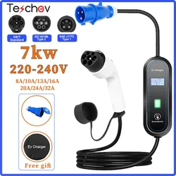 Teschev Portable EV Charger GBT Cord Wallbox Type1 J1772 Type2 IEC62196 Cable 32A 7KW 1Phase Charging Station for Electric Car