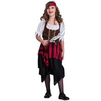 Fille portant le déguisement pirate des caraïbes pour fille avec la jupe noire à volant rayé rouge et noir, le gilet marron à lacets et la blouse blanche en dessous, sur fond blanc.