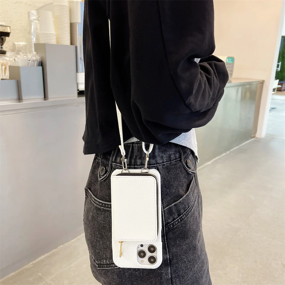 Crossbody Shoulder Strap Zipper Wallet Leather Case For iPhone 15 14 13 12 Mini 11 Pro XS Max XR 8 7 6S Plus SE 2020 Card Cover