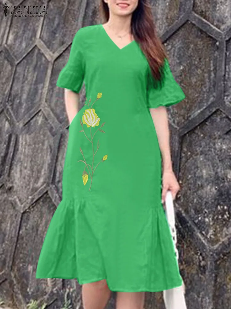 

ZANZEA Women Short Sleeve V-Neck Sundress Fashion Party Dress Bohemian Summer Floral Embroidery Dress Work Vestidos Holiday Robe