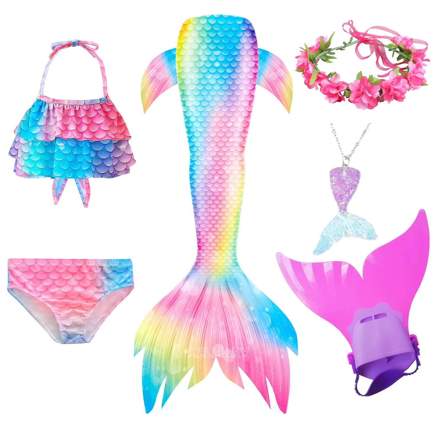 Rainbow Swimmable Mermaid Tail Bikini Sets with Monofin Swimware Girls Kids Cospaly Gift 