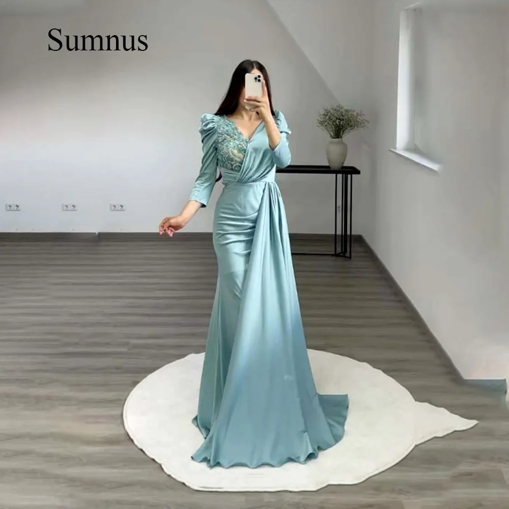 

Sumnus Dubai Mermaid Evening Dresses Appliques Three Quarter Sleeve With Train Saudi Arabic Evening Gowns Robe de Soiree Elegant